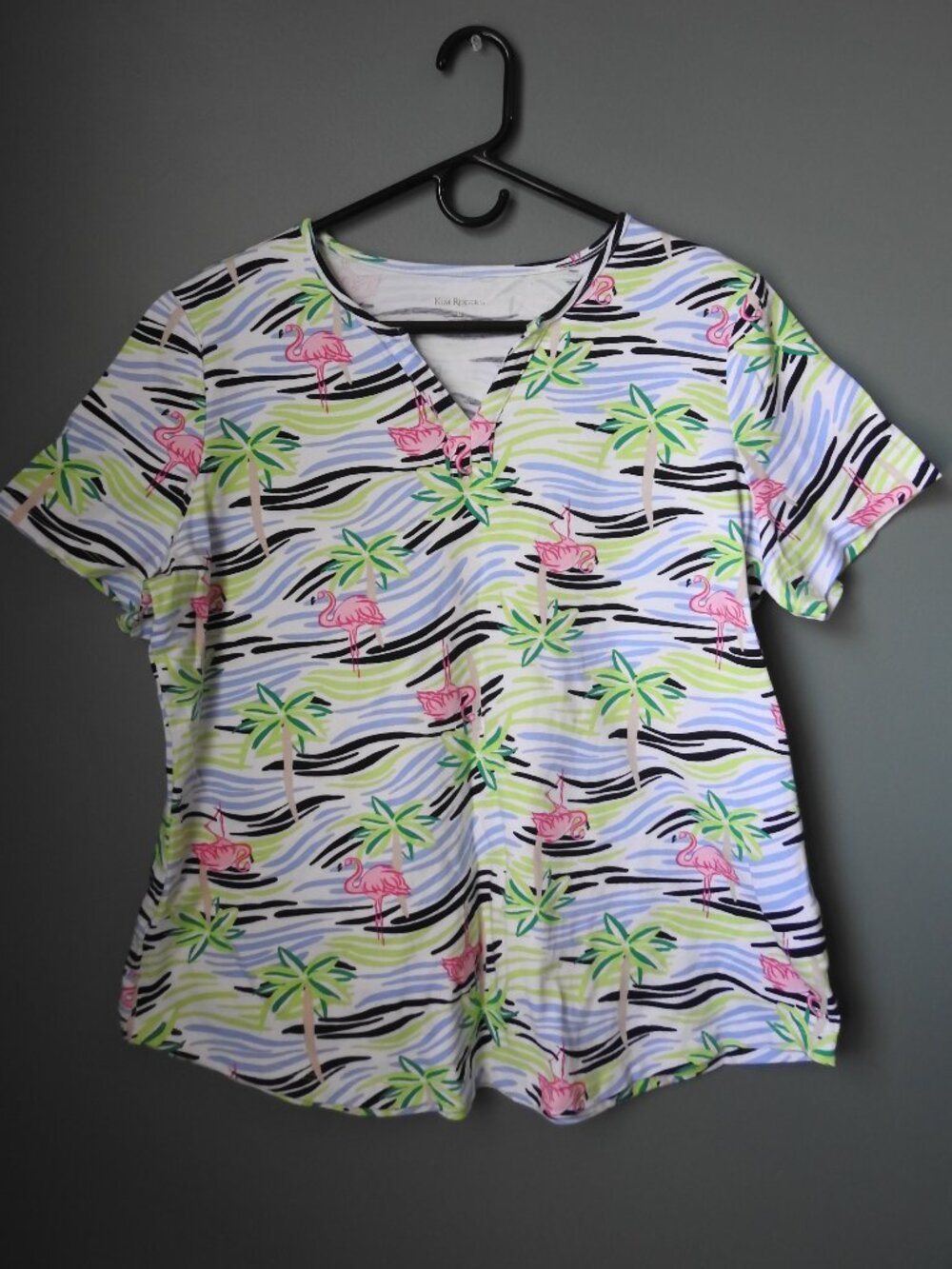 Kim Rogers Beachy Flamingo Design Short Sleeve Top - Size Large